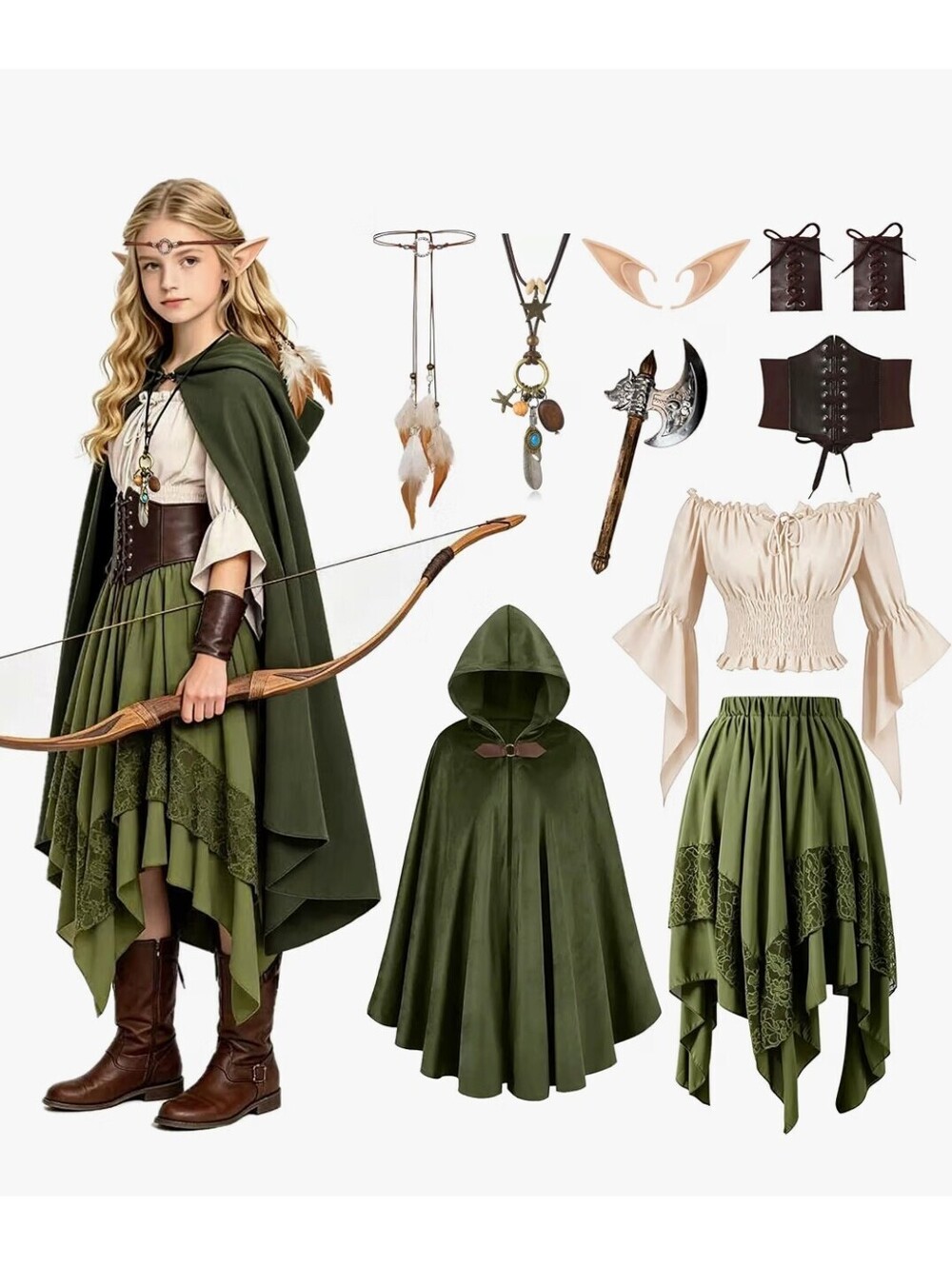 9-10 Years Medieval Elf Archer Costume Set with Hooded Cape & Accessories